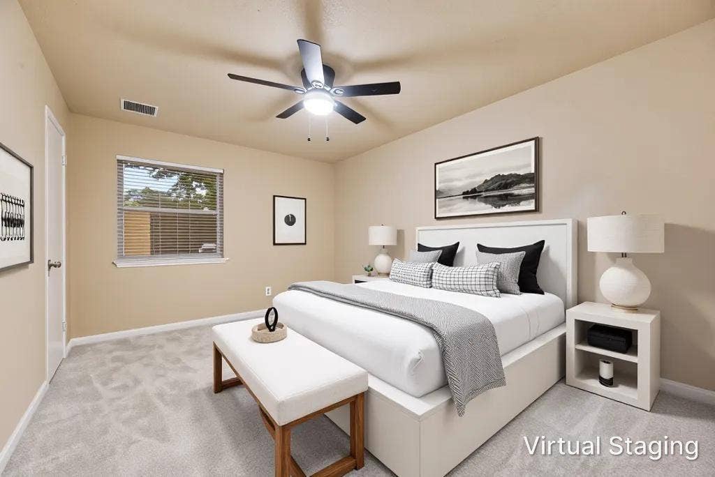 Neutral wall palette featuring a central ceiling fan with integrated lighting and wall-to-wall carpeting