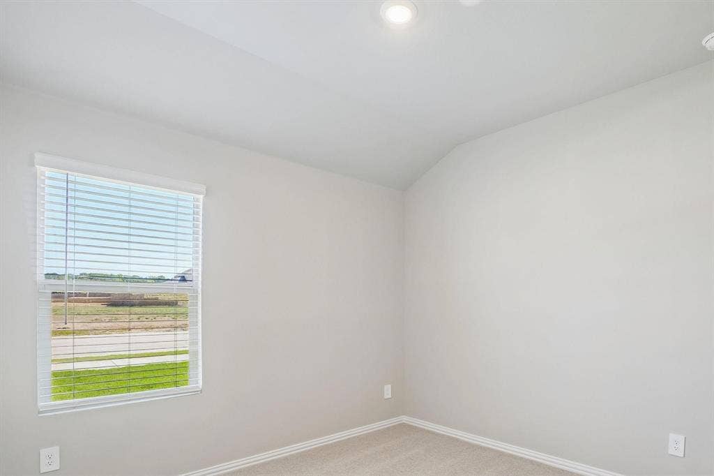 6110 CHICKNEY Drive, Princeton, TX 75071 Neutral-toned interior space featuring vaulted ceilings, wall-to-wall carpeting, and a double-hung window with fitted blinds