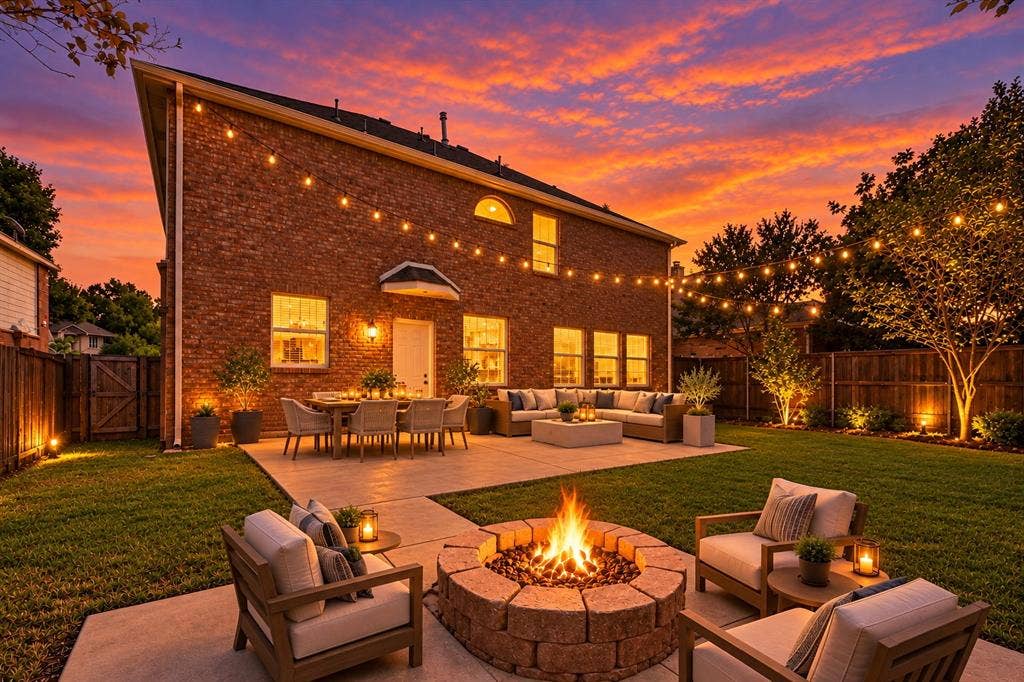 2608 Hudson Crossing, McKinney, TX 75072 Virtual Twilight Backyard Fire Pit Retreat