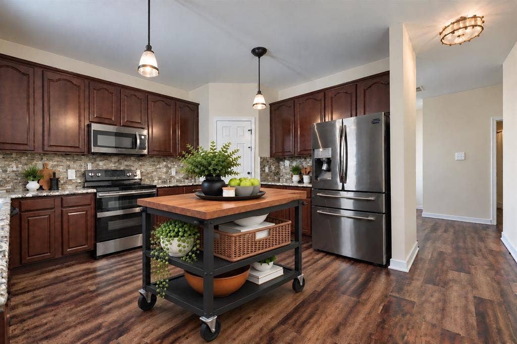 2608 Hudson Crossing, McKinney, TX 75072 Virtually Staged Modern Kitchen Island Cart Display