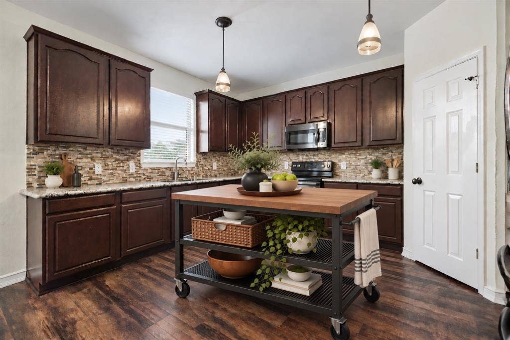 2608 Hudson Crossing, McKinney, TX 75072 Virtually Staged Modern Kitchen Island Cart Display