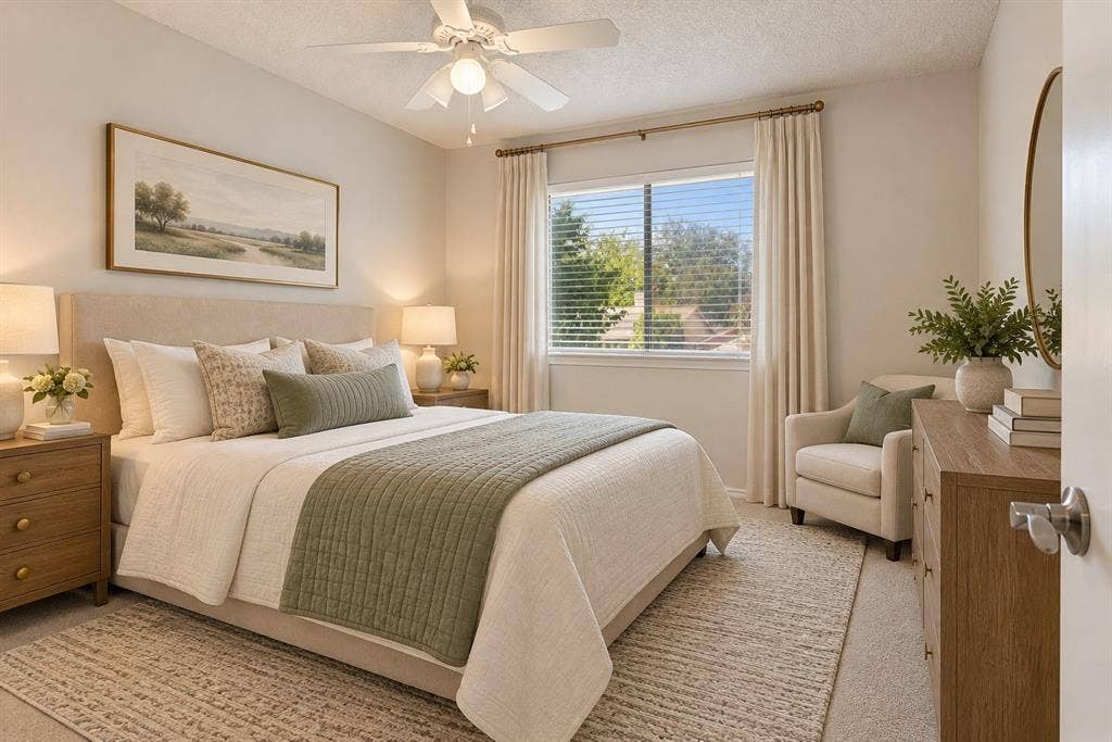 Guest bedroom, virtually staged.