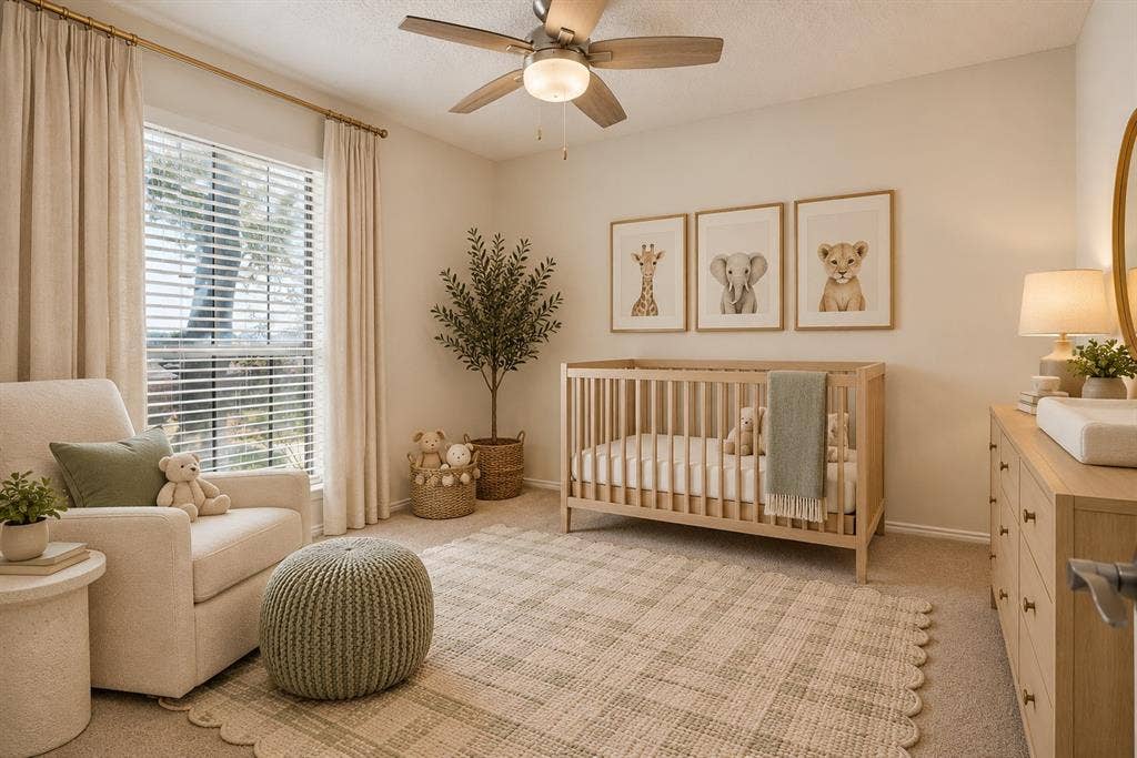 Bedroom, virtually staged.