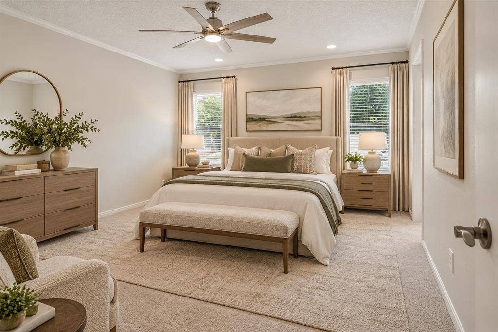 Primary bedroom with ensuite bath, virtually staged.