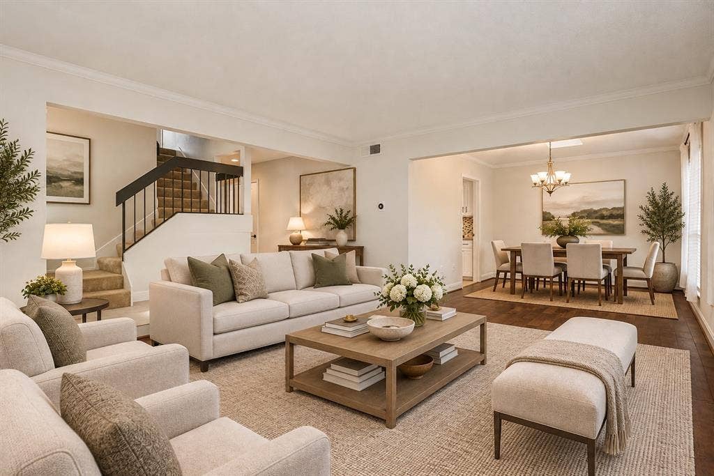 Living and dining rooms, virtually staged.