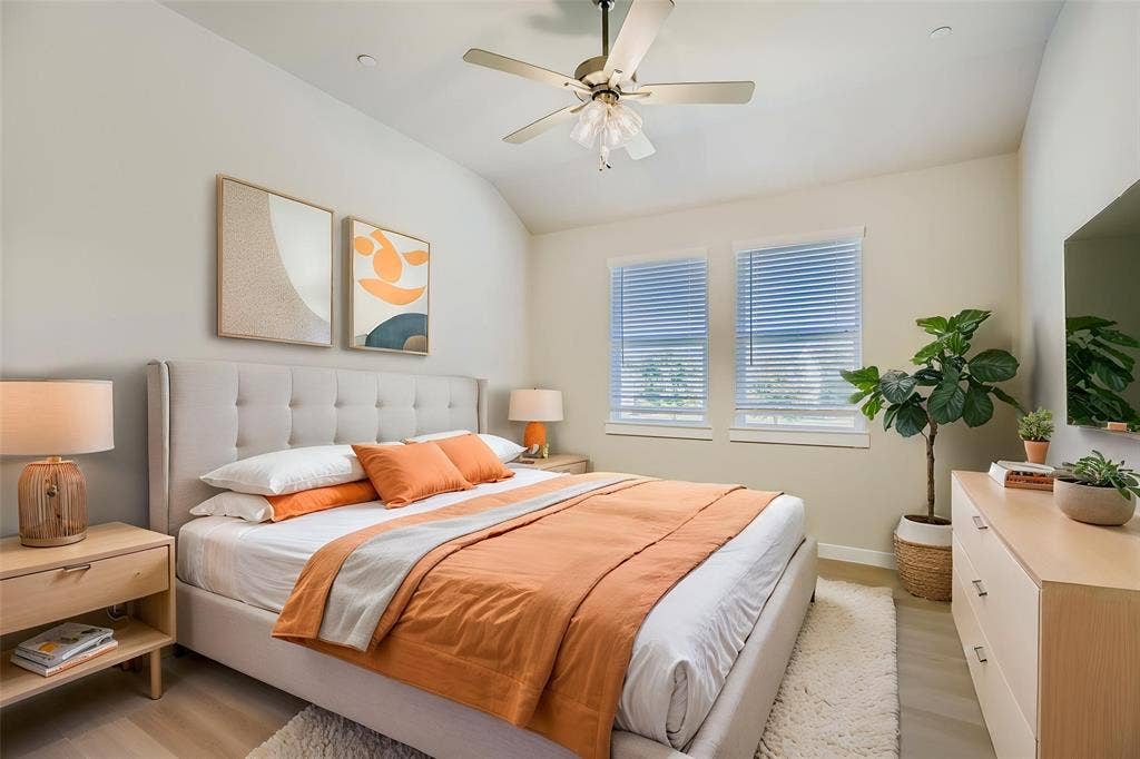 1204 Pebblebrook Drive, McKinney, TX 75071 Vaulted ceiling, ceiling fan with integrated lighting, and dual windows