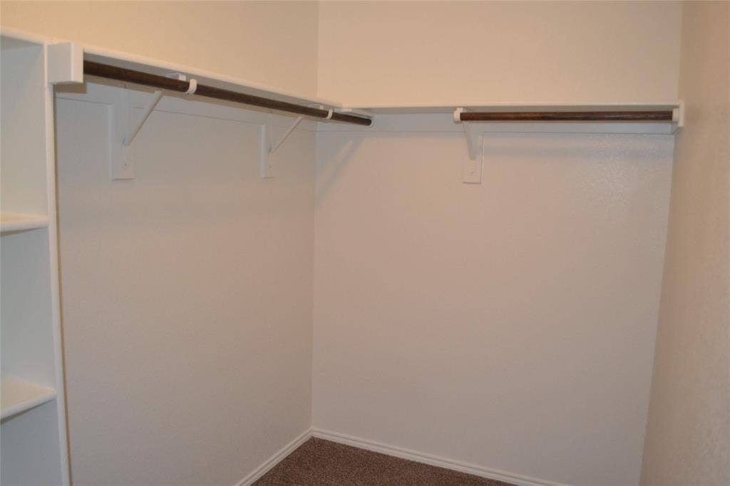 Storage area featuring wall-to-wall shelving, integrated horizontal hanging rods, and carpeted flooring
