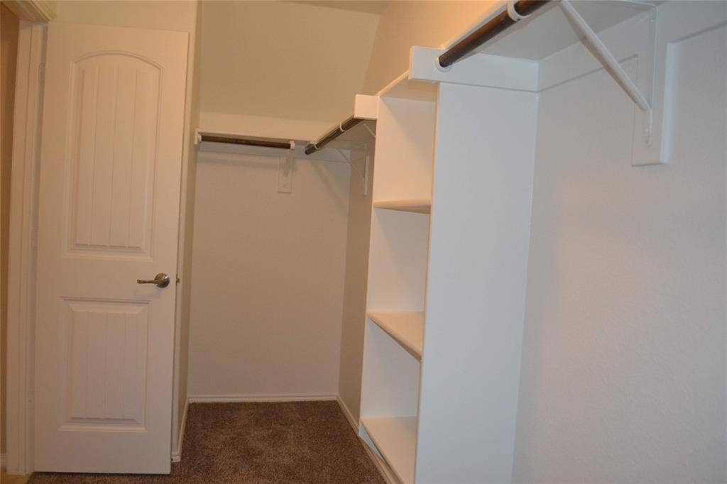 Walk-in closet featuring white built-in shelving, integrated hanging rods, wall-to-wall carpeting, and a solid-core interior door with satin nickel hardware