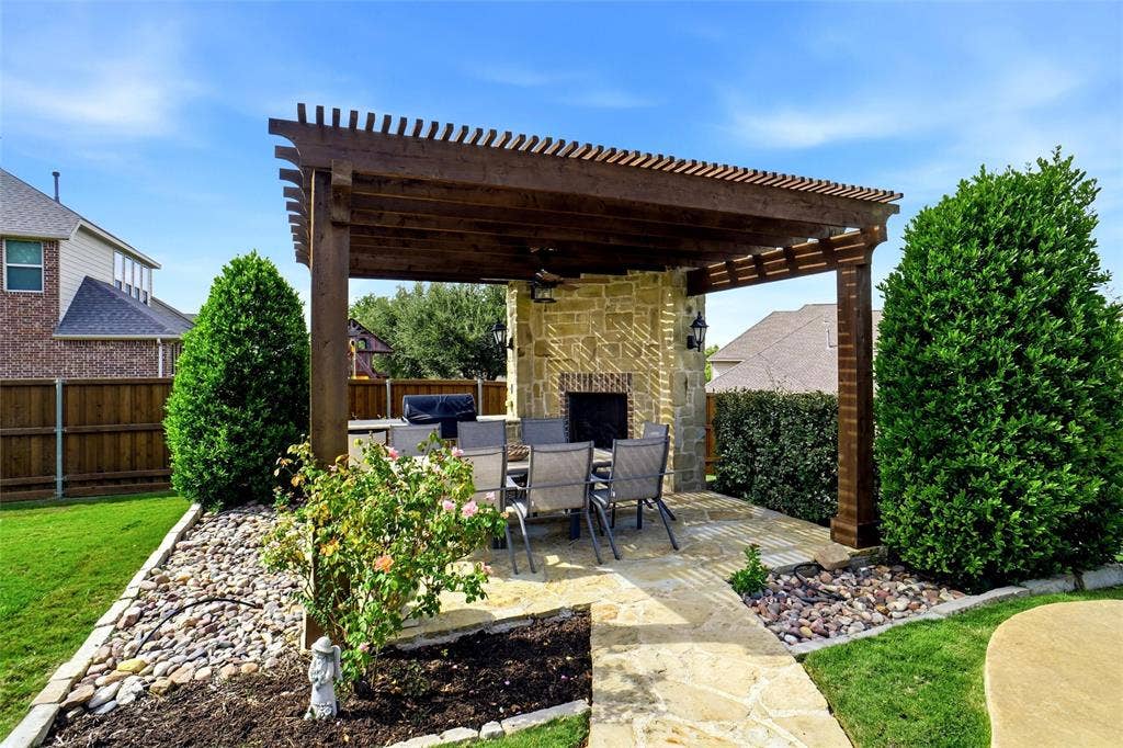 8301 Rock Valley Drive, Rowlett, TX 75089 Outdoor living are complete with wood burning fireplace, rencently replaced builtin grill, mini fridge.