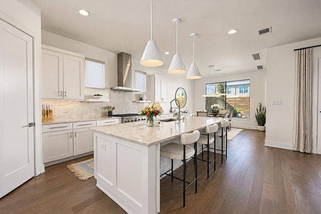 4515 Cowan Avenue, Dallas, TX 75209 The chef's kitchen features a massive center island with a breakfast bar, offering a natural gathering spot for morning coffee or casual evening meals