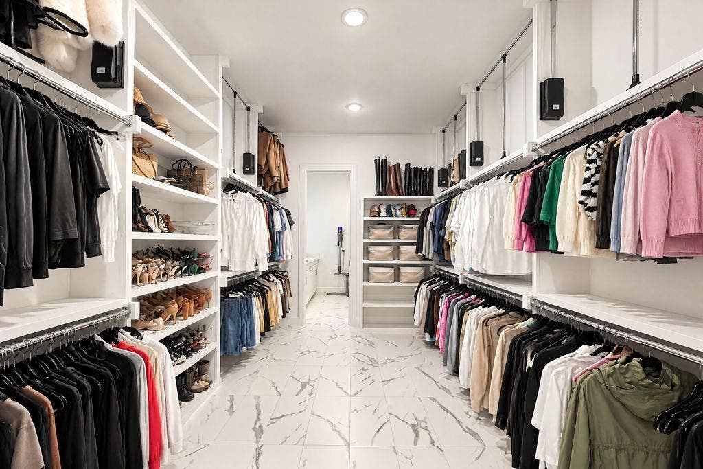 4515 Cowan Avenue, Dallas, TX 75209 Tile flooring runs through this massive custom primary closet, packed with double-hanging racks and built-in shelving for complete organization