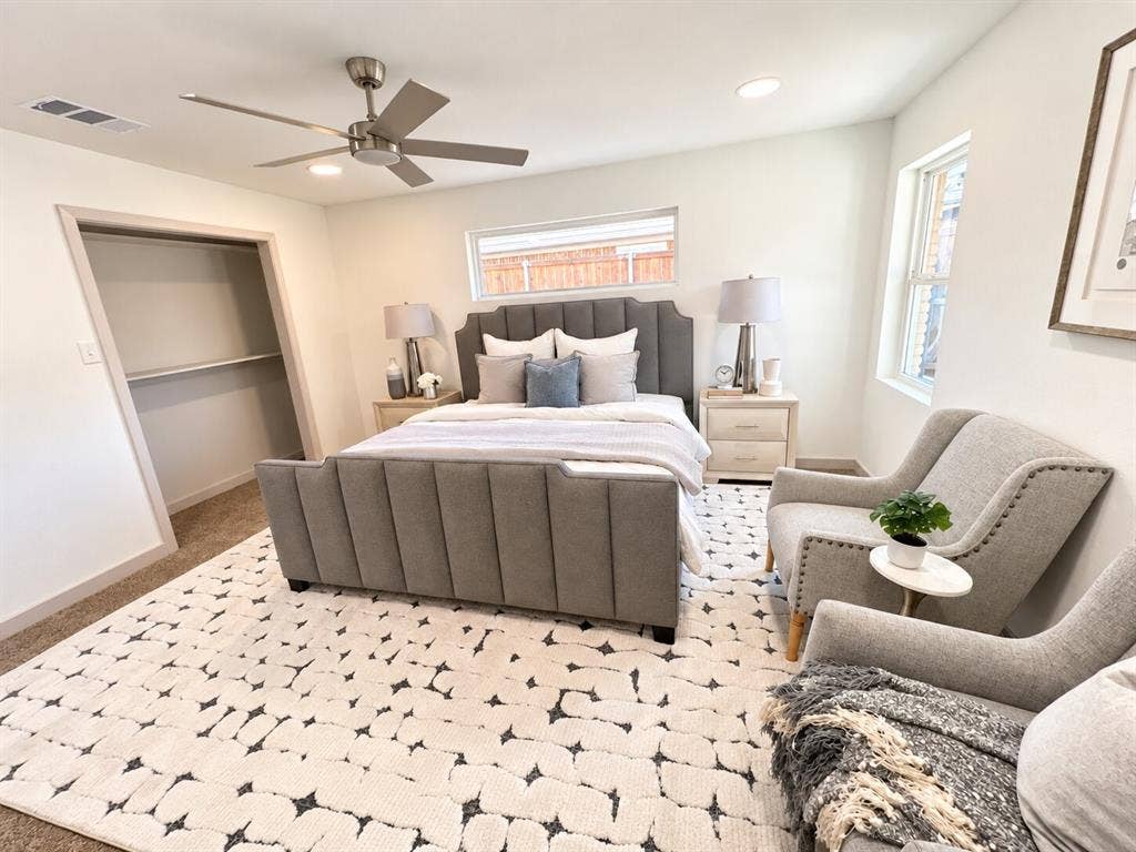 2551 Pinebluff Drive, Dallas, TX 75228 Bedroom featuring neutral carpet flooring, recessed lighting, ceiling fan with integrated lighting, and horizontal windows