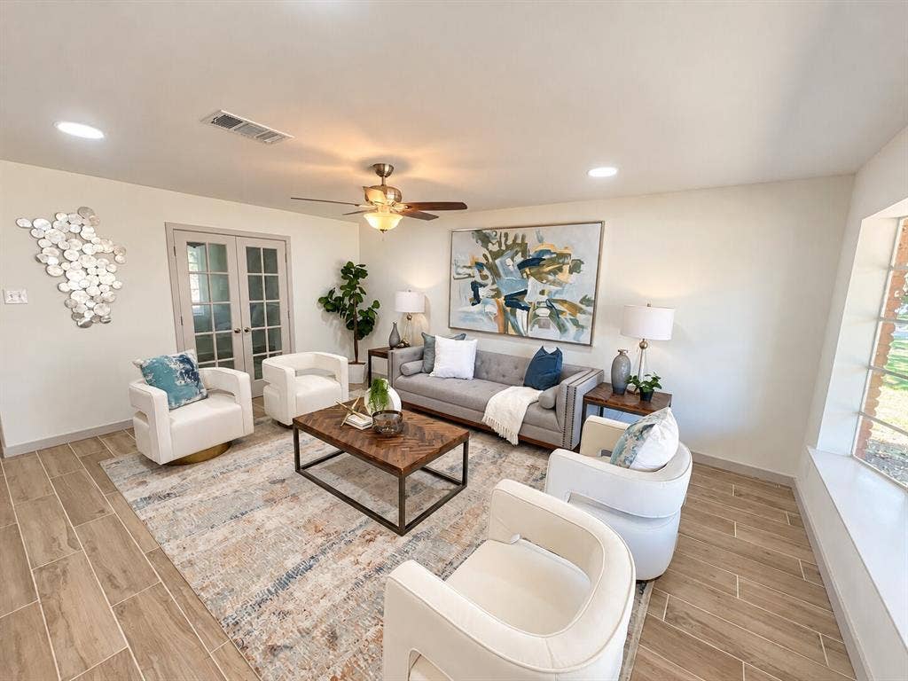 2551 Pinebluff Drive, Dallas, TX 75228 Living space featuring wood-finish flooring, recessed lighting, a multi-light ceiling fan, and French doors
