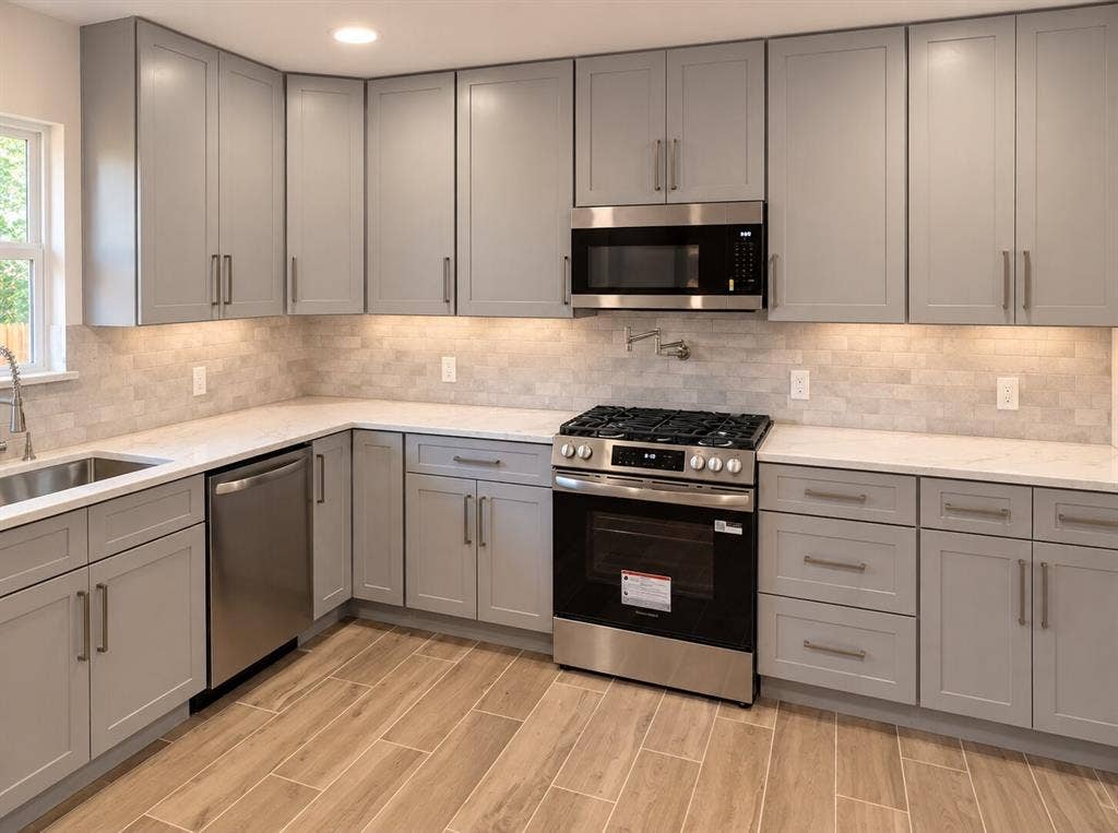 2551 Pinebluff Drive, Dallas, TX 75228 Kitchen featuring grey shaker-style cabinetry, light-toned stone countertops, stainless steel appliances, a tile backsplash, and wood-finish floor tiling