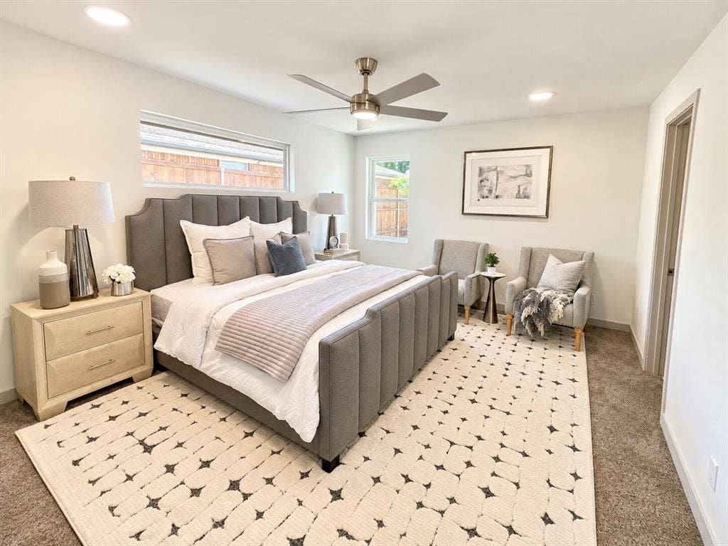 2551 Pinebluff Drive, Dallas, TX 75228 Neutral-toned room featuring recessed lighting, a brushed-nickel ceiling fan, and carpeted flooring