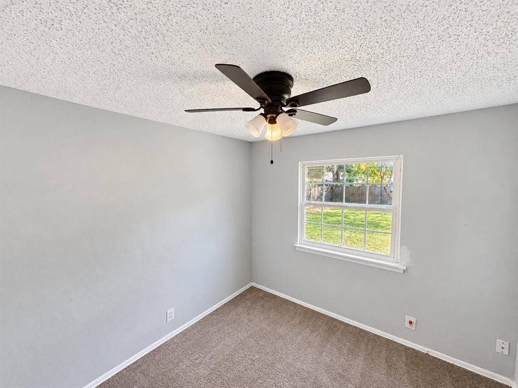 Neutral-toned interior space featuring wall-to-wall carpeting, a multi-blade ceiling fan with integrated lighting, and a dual-pane grid window