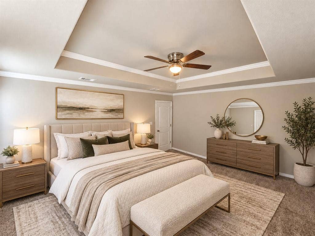 1306 Campbelton Drive, Temple, TX 76504 Tray ceiling with crown molding and central ceiling fan
