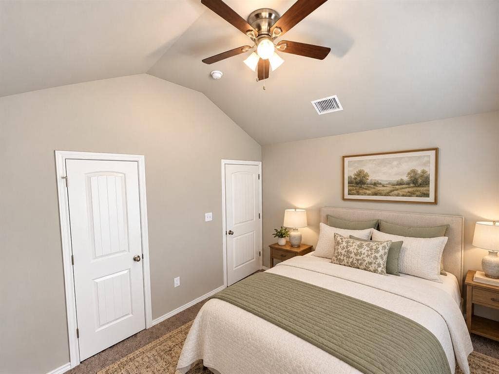 1306 Campbelton Drive, Temple, TX 76504 Vaulted ceiling featuring a central brushed-nickel ceiling fan with integrated lighting and two-panel interior doors