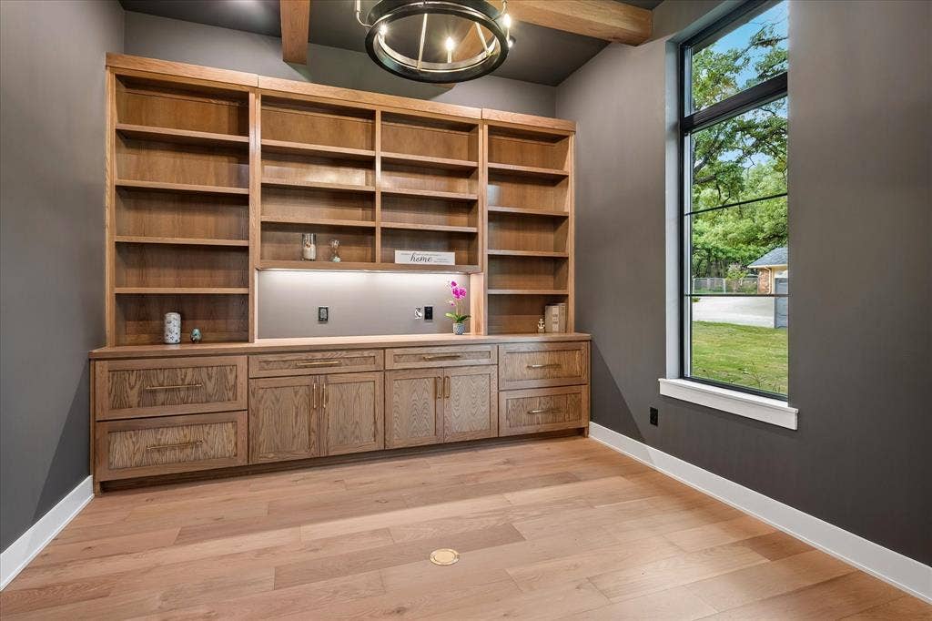 Coffered Ceiling in Office and Built-In Book Case and Storage