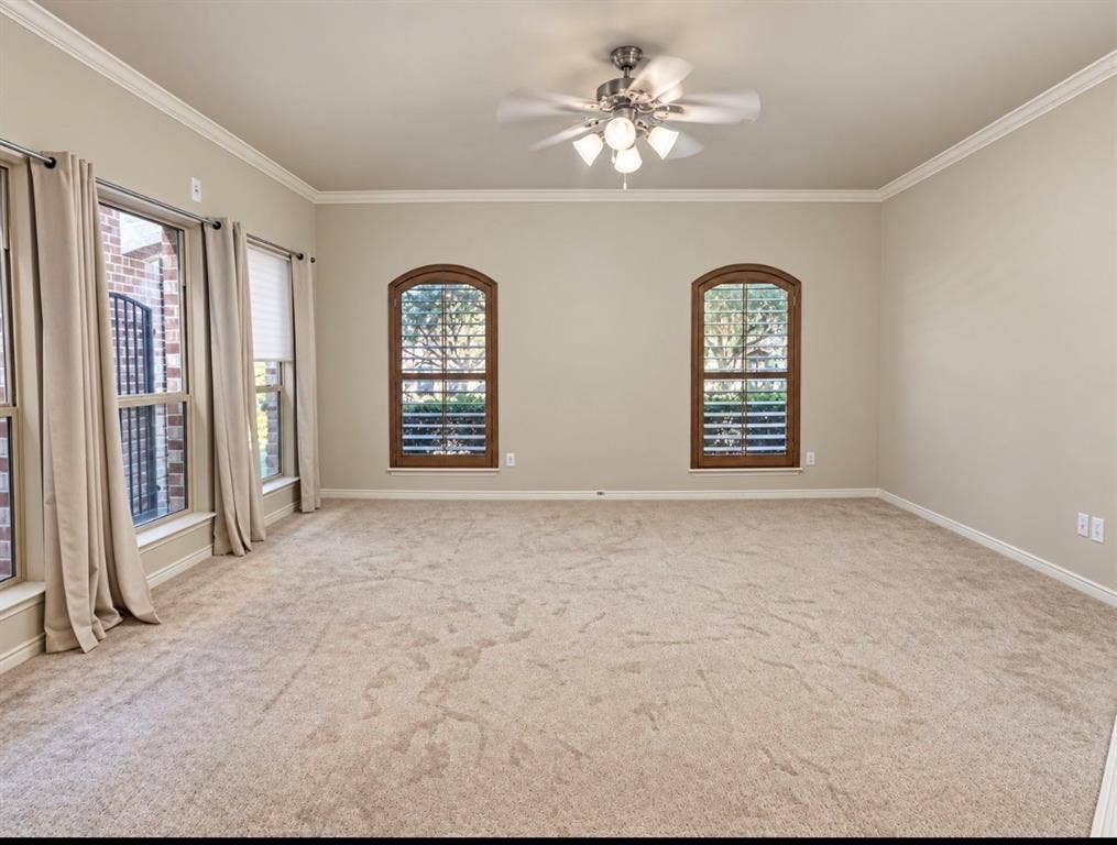 2002 Downing Street, Allen, TX 75013 Neutral-toned interior featuring arched windows with wood-finish framing, crown molding, wall-to-wall carpeting, and a multi-light ceiling fan