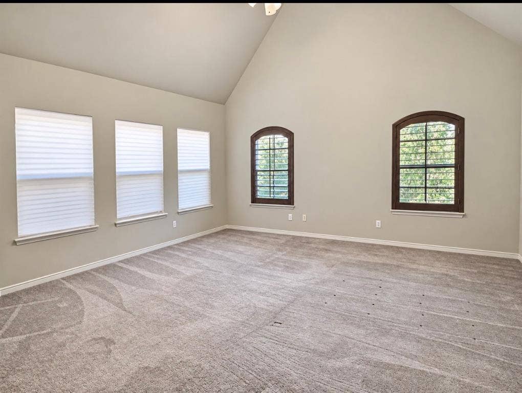 2002 Downing Street, Allen, TX 75013 Vaulted ceiling and neutral wall tones complemented by arched windows with dark-finish frames and three rectangular windows with integrated blinds