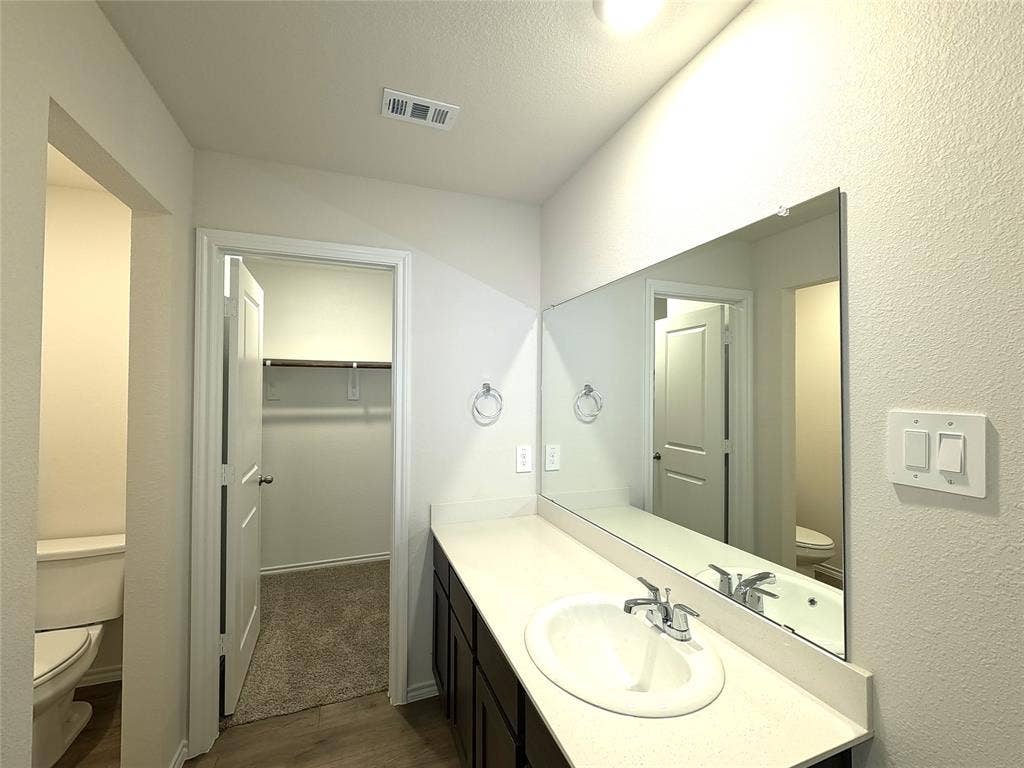4017 Bronco Drive, Princeton, TX 75407 Bathroom vanity featuring dark-finished cabinetry, solid-surface countertop, integrated oval basin, and a full-width wall mirror