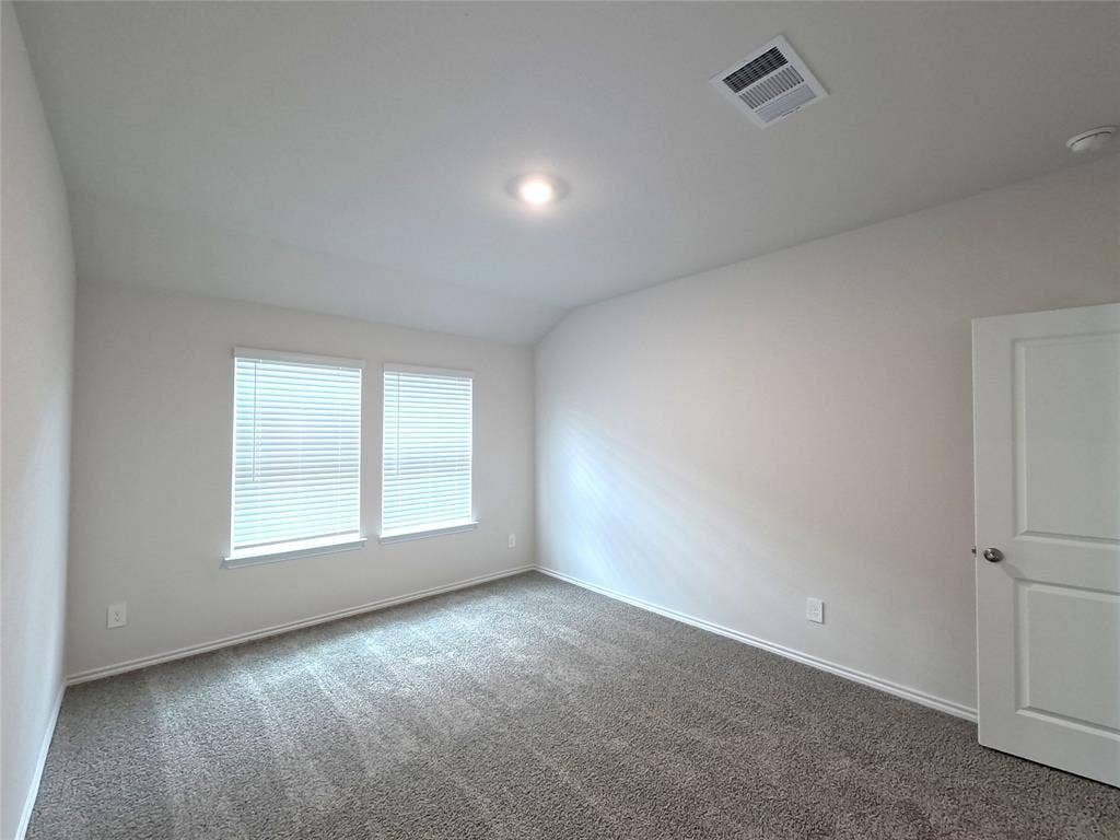 4017 Bronco Drive, Princeton, TX 75407 Room featuring neutral wall tones, plush carpeting, a vaulted ceiling, and dual windows with integrated blinds