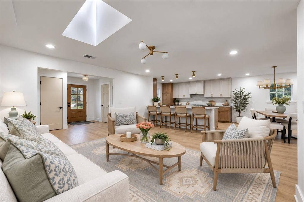 The thoughtfully appointed living room offers a bright, comfortable space for relaxing and entertaining. (This photo has been digitally enhanced.)