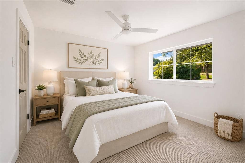 This inviting secondary bedroom features fresh carpeting and a modern ceiling fan. (This photo has been digitally enhanced.)