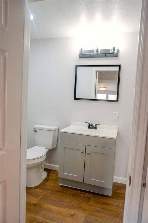 3229 Hardeman Street, Fort Worth, TX 76119 Neutral-toned vanity with an integrated countertop, dark hardware, wall-mounted rectangular mirror, and wood-finish flooring
