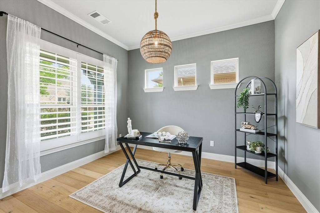 Home office with French doors.