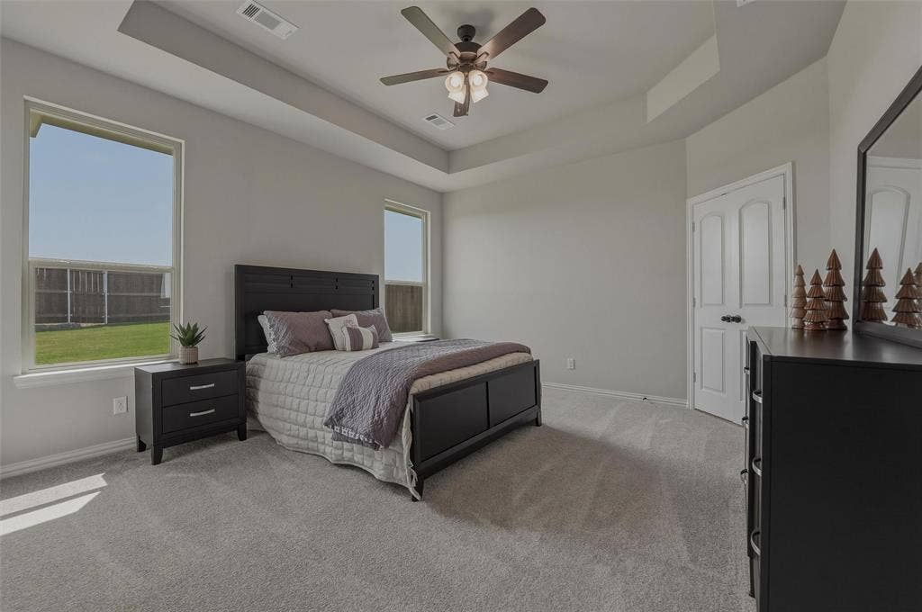 Carpeted room with a tray ceiling and a ceiling fan