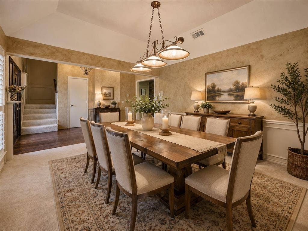 4008 Fairlakes Drive, Dallas, TX 75228 Dining area featuring a tray ceiling with a multi-light pendant fixture, textured wall finish, and wood-finish flooring
