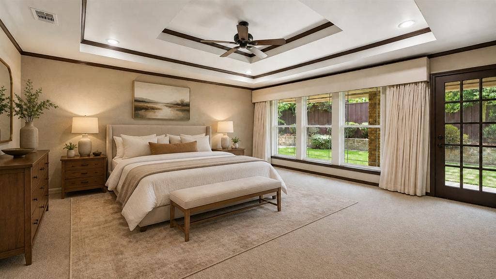4008 Fairlakes Drive, Dallas, TX 75228 Tray ceiling with recessed lighting and ceiling fan, wood-trim details, wall of windows, glass-paneled door, and carpet flooring