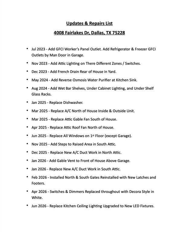 4008 Fairlakes Drive, Dallas, TX 75228 Updates & Repairs