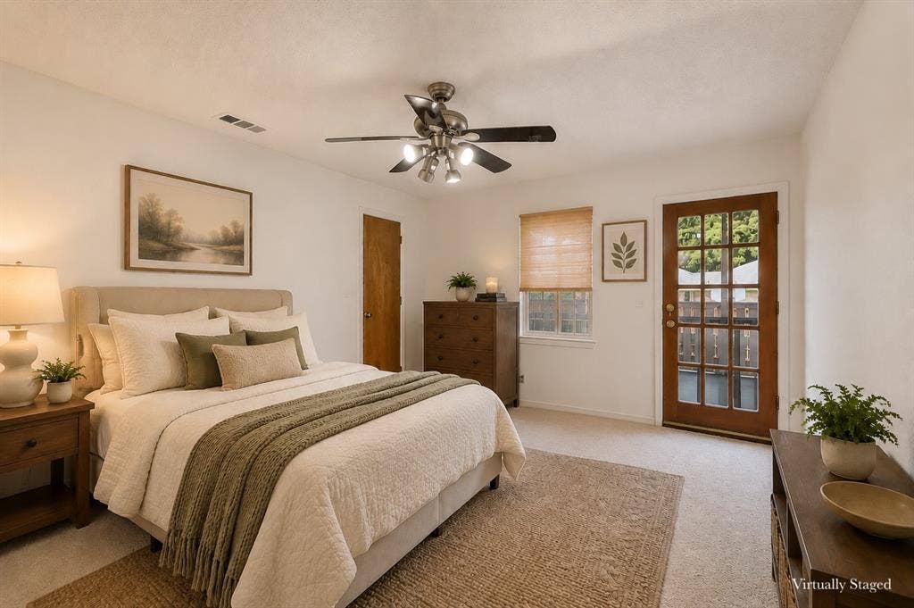 4008 Fairlakes Drive, Dallas, TX 75228 Carpeted room featuring a ceiling fan with integrated lighting, a wooden paneled door with glass inserts, and a window with a woven blind
