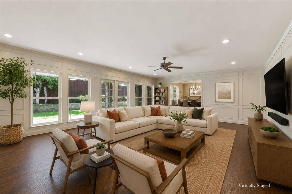 4008 Fairlakes Drive, Dallas, TX 75228 Spacious living area featuring wood-finish flooring, recessed lighting, and a ceiling fan