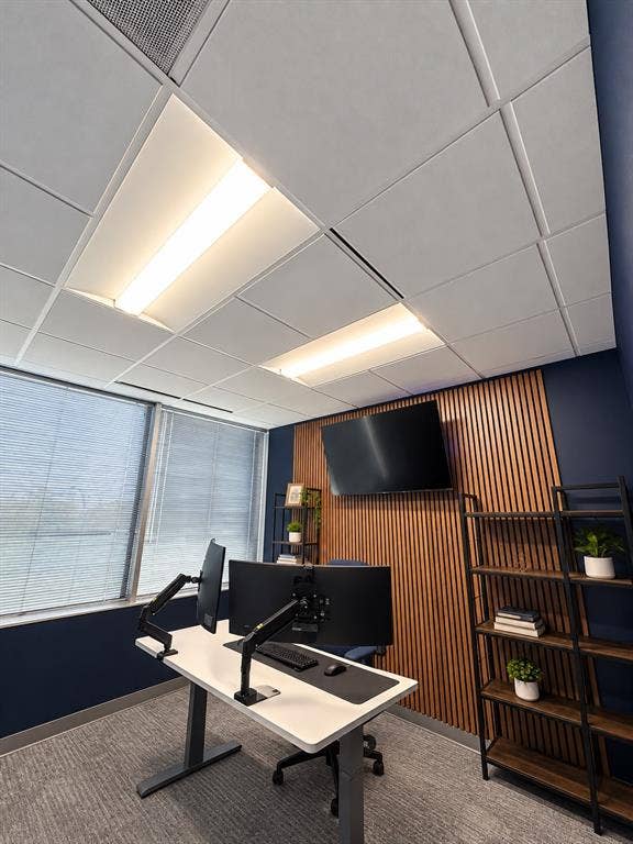 Sound-attenuating drop ceiling with integrated recessed lighting, vertical wood-slat accent wall, and expansive floor-to-ceiling windows with horizontal blinds
