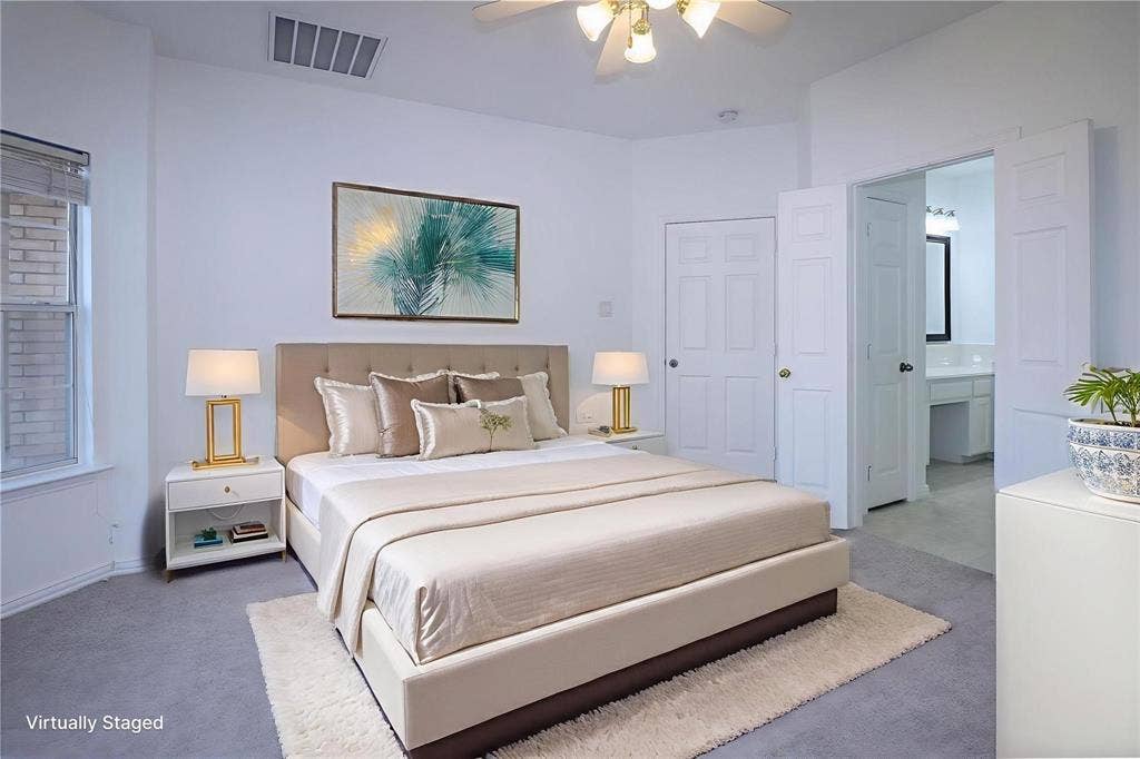 504 Renfro Court, Irving, TX 75063 Neutral-toned wall-to-wall carpeting, ceiling-mounted light fixture with multi-blade fan, and six-panel interior doors