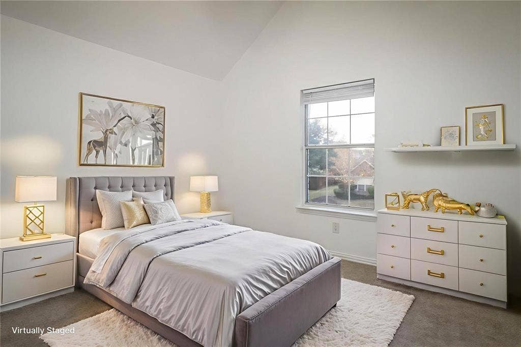 504 Renfro Court, Irving, TX 75063 Vaulted ceiling, neutral wall color, single-pane window with white trim, and wall-mounted shelving