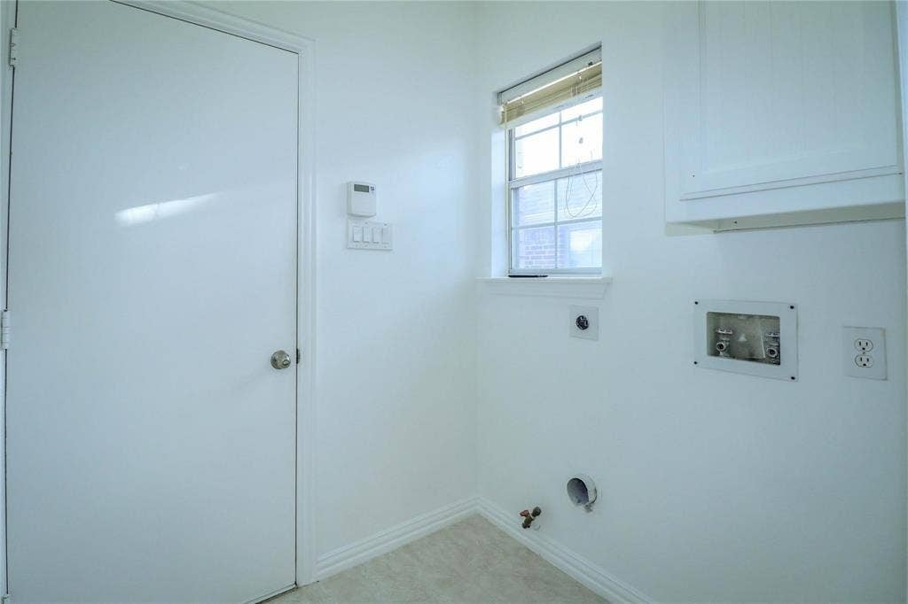 504 Renfro Court, Irving, TX 75063 Utility area featuring a wall-mounted upper cabinet, a window with horizontal blinds, and dedicated plumbing connections