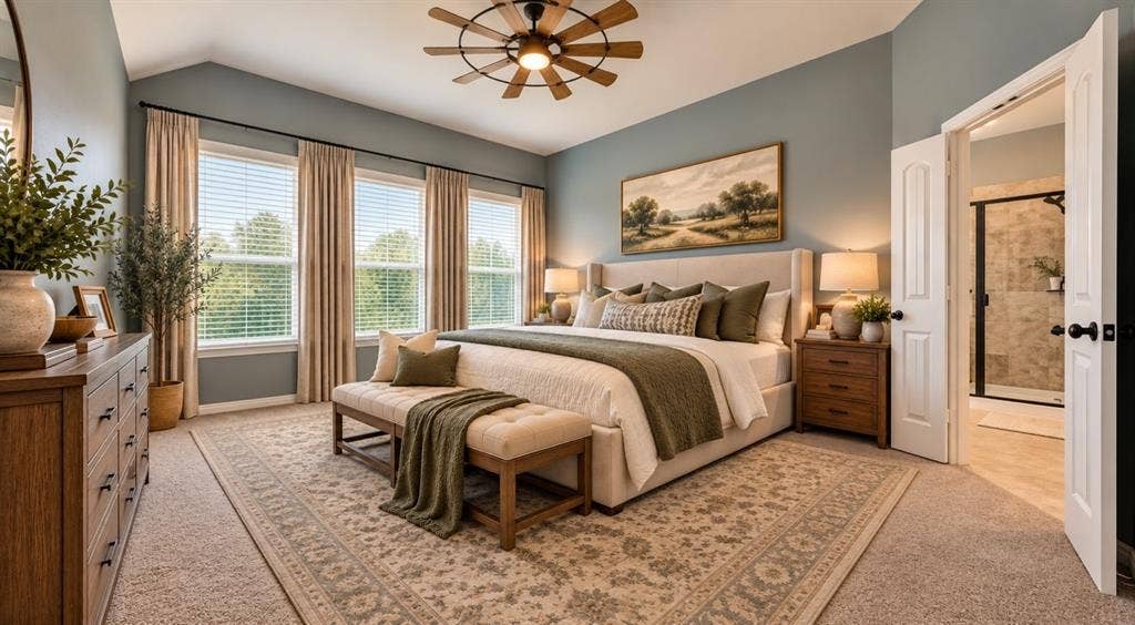1021 Flagstone Drive, Weatherford, TX 76085 Vaulted ceiling with a multi-blade light fixture, triple-pane window configuration, and recessed interior door