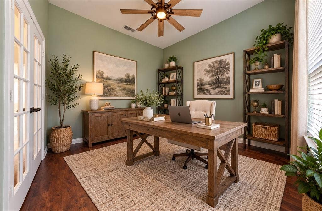 1021 Flagstone Drive, Weatherford, TX 76085 Room featuring wood-finish flooring, French doors with glass panes, and a ceiling-mounted fan with integrated lighting
