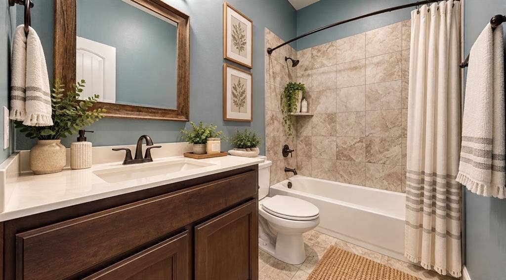 1021 Flagstone Drive, Weatherford, TX 76085 Bathroom featuring a dark wood-finish vanity with a light-toned countertop, oil-rubbed bronze plumbing fixtures, a framed mirror, and a tub-shower combination with floor-to-ceiling tile surround