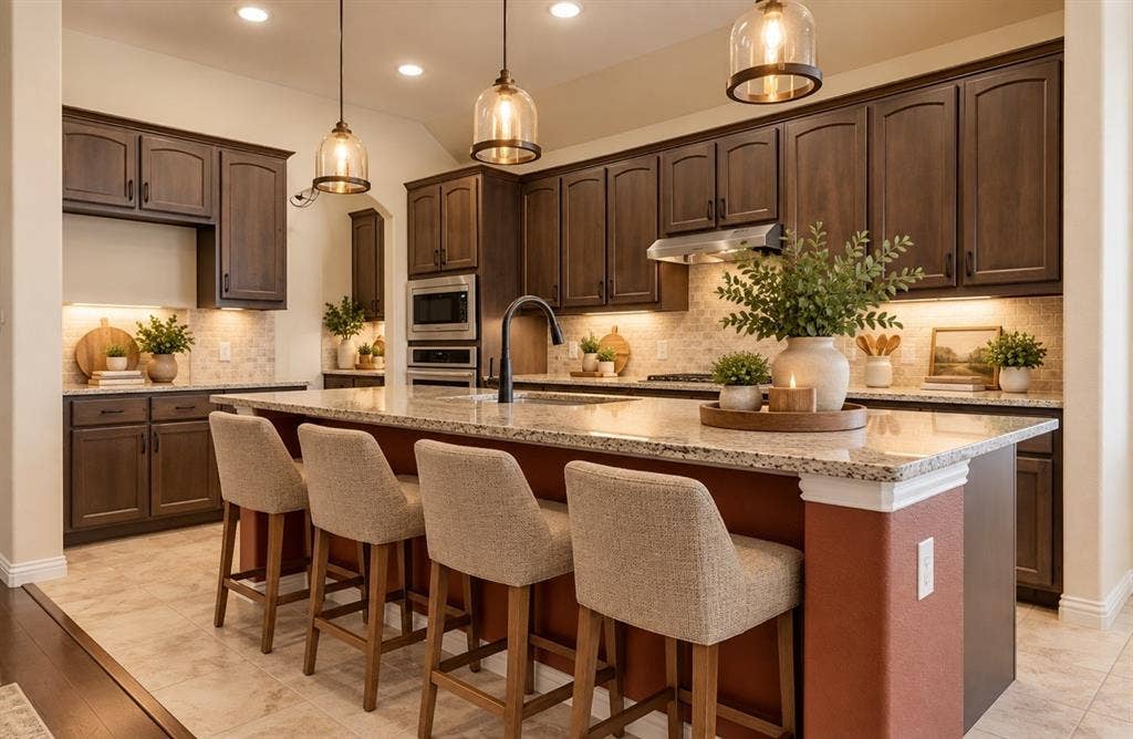 1021 Flagstone Drive, Weatherford, TX 76085 Kitchen featuring custom dark-toned cabinetry, light-toned stone countertops, a central island with an undermount sink, built-in stainless steel appliances, and pendant lighting