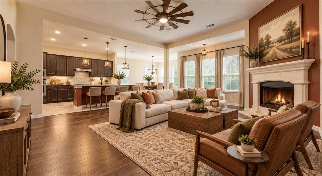 1021 Flagstone Drive, Weatherford, TX 76085 Open-concept interior featuring wood-finish flooring, a stone-surround fireplace with a detailed mantel, recessed lighting, and a kitchen equipped with dark-finish cabinetry
