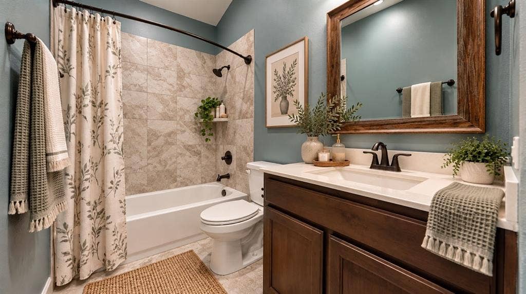 1021 Flagstone Drive, Weatherford, TX 76085 Bathroom featuring a wood-tone vanity with a rectangular sink, stone-finish tile tub surround, oil-rubbed bronze fixtures, and a framed mirror