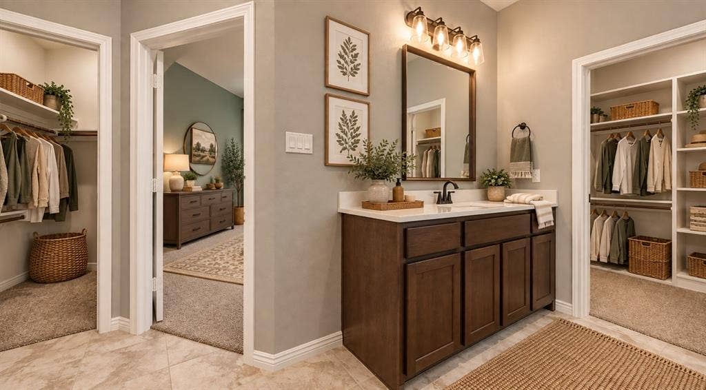 1021 Flagstone Drive, Weatherford, TX 76085 Bathroom vanity featuring a dark wood cabinet, white countertop with an integrated sink, matte black faucet, and rectangular mirror with a matching dark frame
