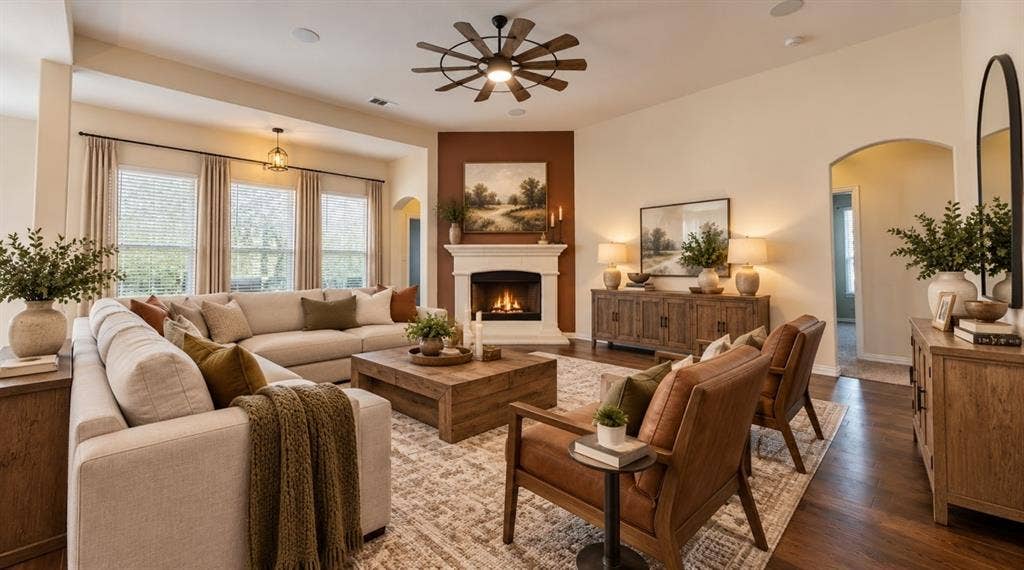 1021 Flagstone Drive, Weatherford, TX 76085 Living area featuring wood-finish flooring, a corner fireplace with a detailed mantel, a ceiling fan with multi-blade design, and arched entryways