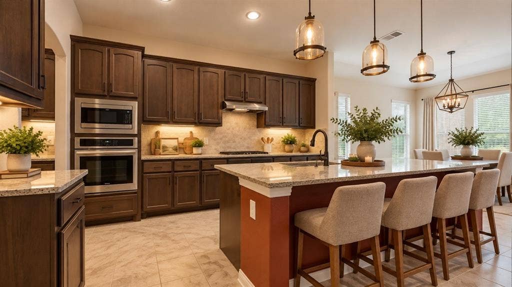 1021 Flagstone Drive, Weatherford, TX 76085 Kitchen featuring dark wood cabinetry, a central island with a stone countertop, built-in stainless steel double wall ovens, tile flooring, and multiple pendant light fixtures